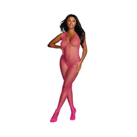 Diamond Net Crotchless Bodystocking in Neon Pink